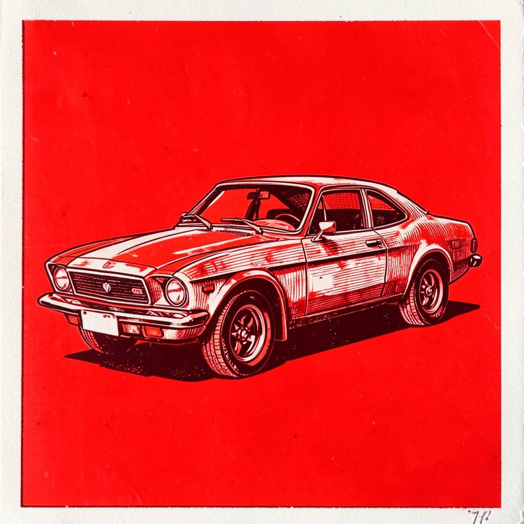 A carved linocut-style relief print of a Dodge Viper race car in profile, rendered in deep charcoal and warm silver tones against a muted taupe background