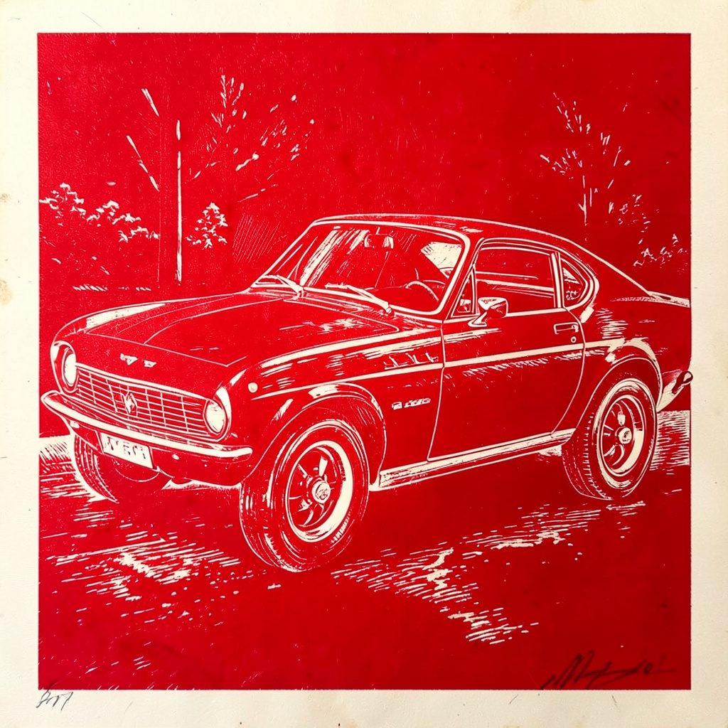 A carved linocut relief print of a Dodge Viper GT3-R in deep crimson, its sculpted bodywork emphasized by heavy carved shadows and a dark paddock backdrop