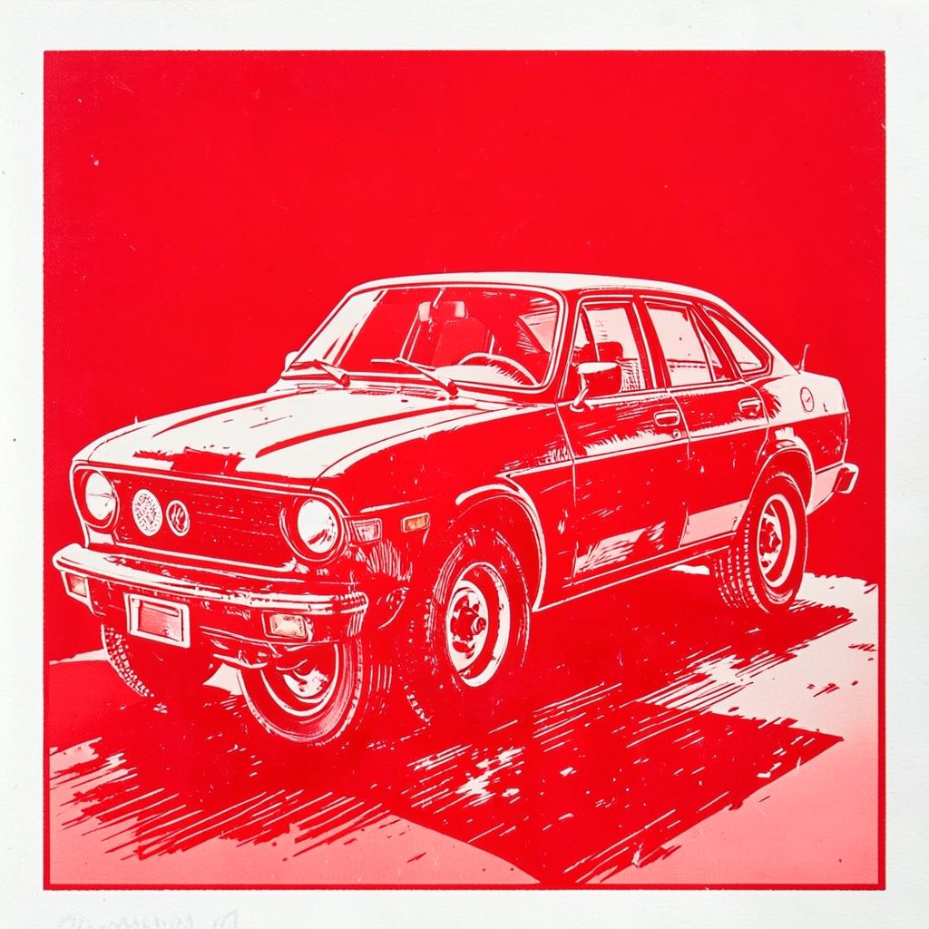 A carved linocut relief print of the No. 93 Viper in bold red and black, captured mid-corner with carved speed lines radiating outward