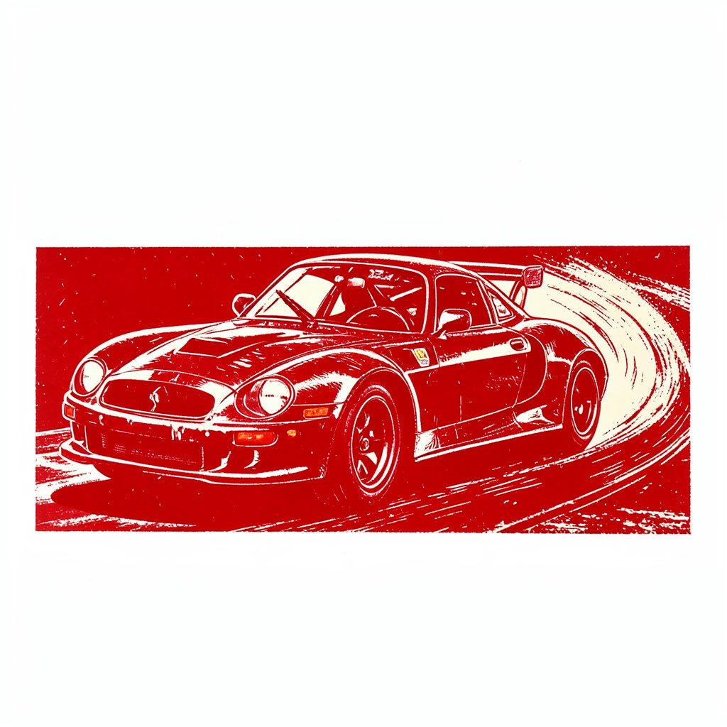 A red linocut-style relief print of a single-seater race car cornering under hard braking, with deep carved shadows and dramatic motion