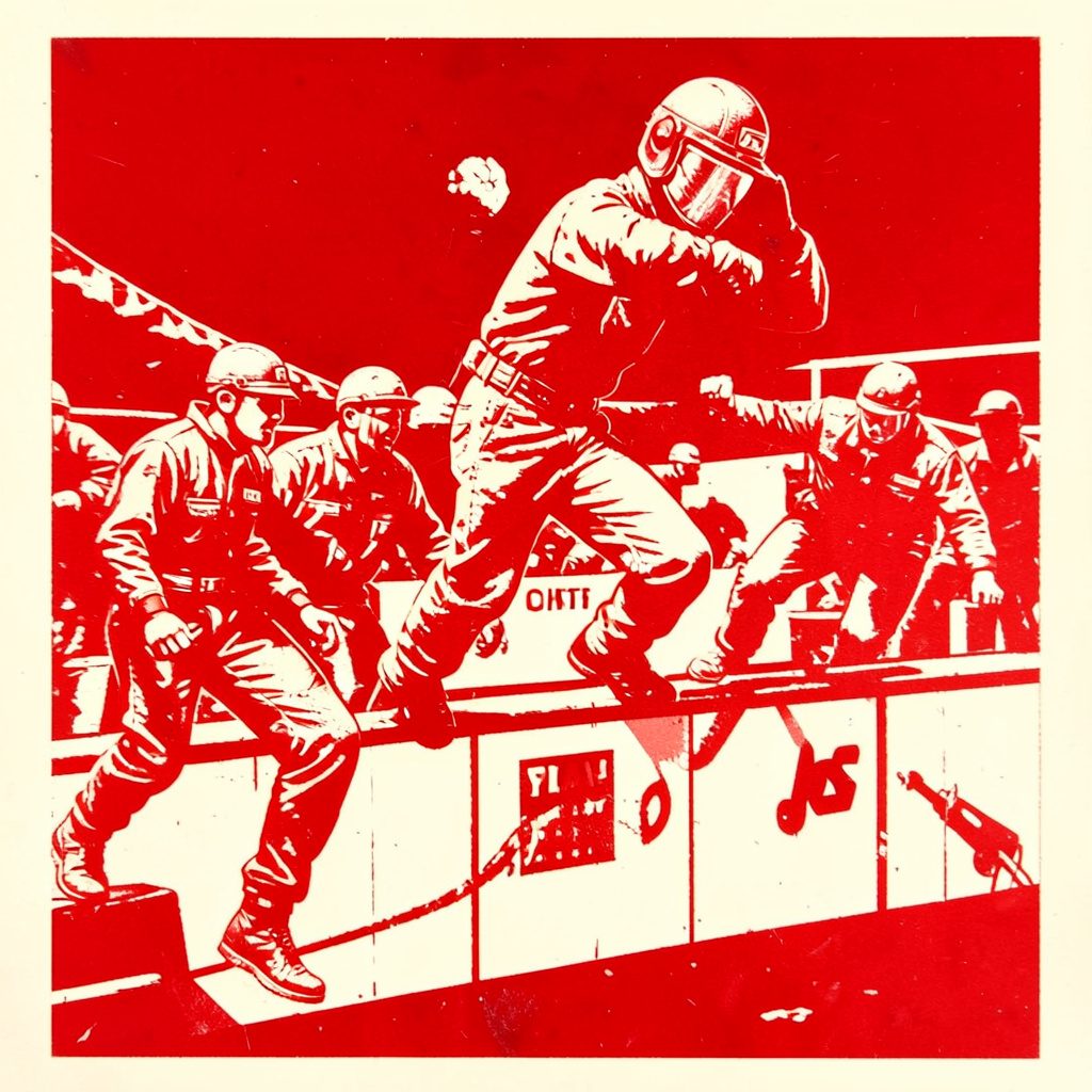 A red linocut-style relief print of a pit crew jumping over the wall during a night pit stop, printed as a bold block of carved texture