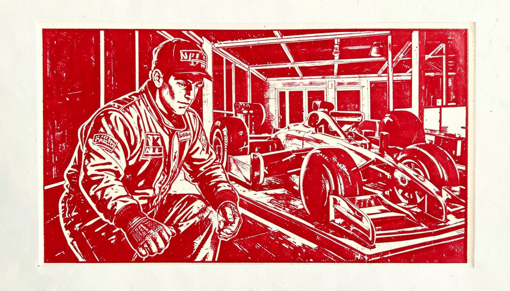A carved linocut-style relief print of a driver in a racing suit pulling on gloves beside a parked open-wheel car in the paddock, rendered in warm reds and deep blacks
