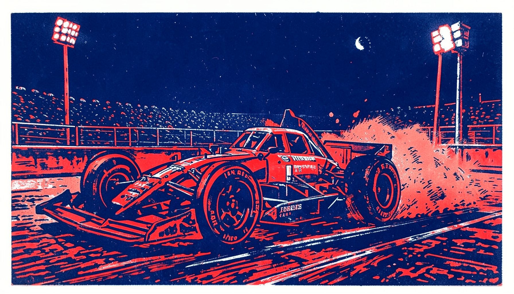 A wide linocut-style relief print of an open-wheel race car crossing a start-finish line under floodlights, rendered in deep charcoal, warm silver, and muted gold