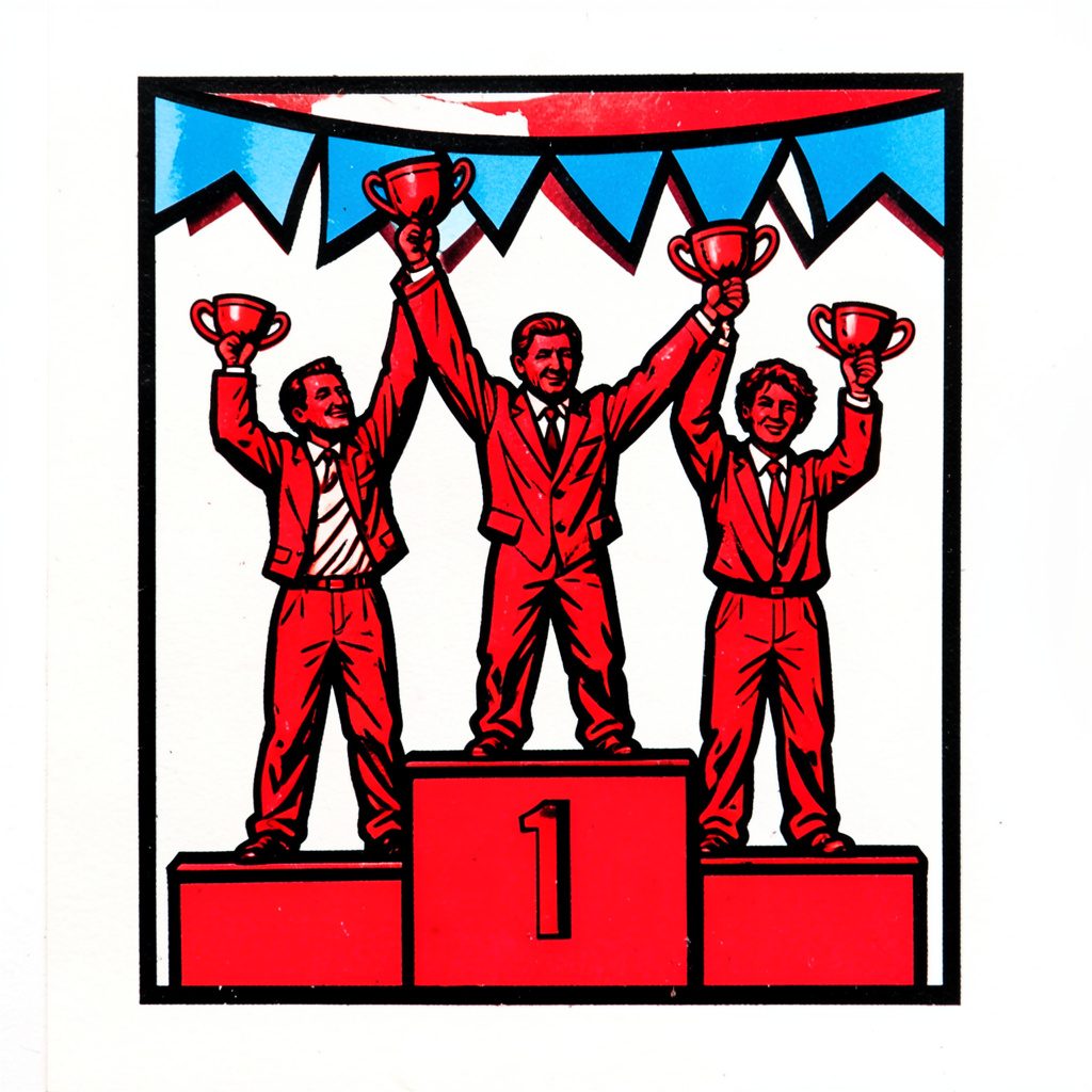 A red linocut-style relief print of a podium celebration, three figures raising trophies under a sky-blue stripe of bunting
